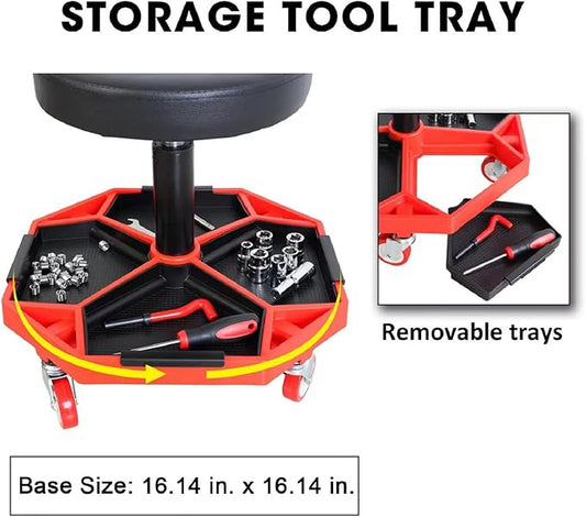 TCE ATRXF8308U Pneumatic Creeper Seat/Padded Adjustable Mechanic Stool with Removable Tool Tray Storage, 300 lb Capacity, Black/Red