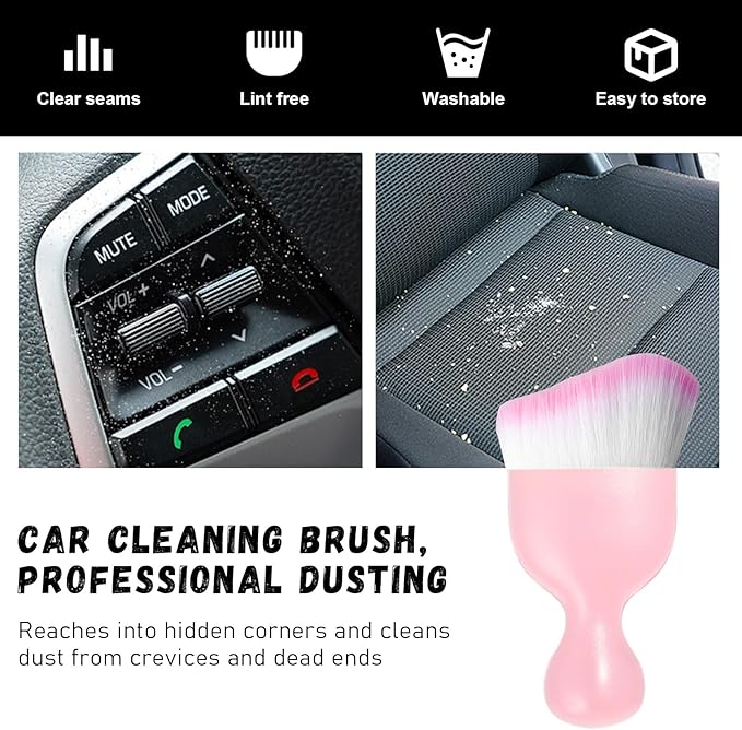 Ziciner Car Detailing Brush, Curved Soft Bristles Auto Removal Dust Collectors, Universal Vehicle Dashboard, Air Conditioner Vents etc Interior Cleaning Tool Accessory (Pink/Pink)