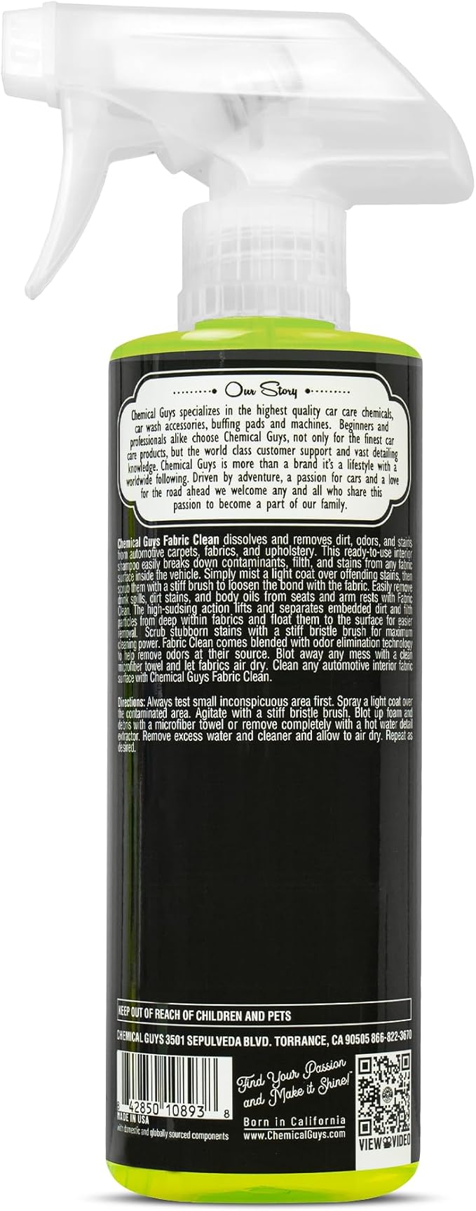 Chemical Guys CWS21916 Foaming Citrus Fabric Clean Carpet & Upholstery Cleaner, Ready to Use, Sprayable (for Carpets, Seats & Floor Mats), Safe for Cars, Home, Office, & More, 16 fl oz, Citrus Scent