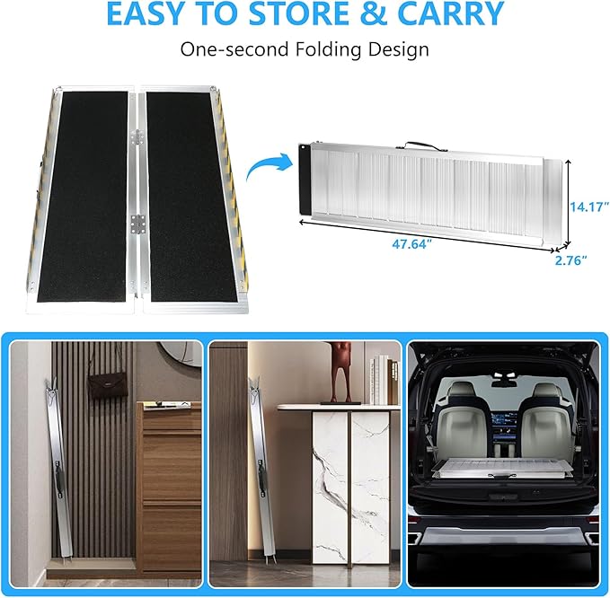 4FT Portable Wheelchair Ramp, Non-Slip Aluminum Folding Handicap Ramp, 800 LBS Capacity Door Threshold Ramps for Home Steps, Scooter Ramps for Car, Doorways, Curbs, Stairs, Cart, Wheel Chair Ramp Step