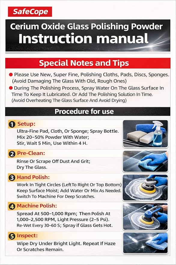 200ml Cerium Oxide Glass Polishing Liquid – Deep Cleaning Glass & Removes Wiper Marks, Swirls, Water Spots & Windshield Cleaner (Shake vigorously for 5 sec. Machine Polish 10 min.)
