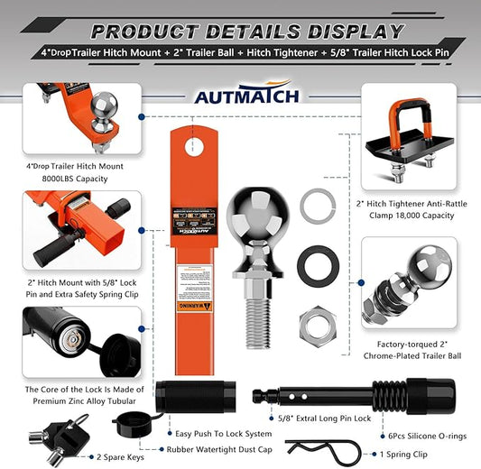 AUTMATCH Trailer Hitch Ball Mount with 2 Inch Hitch Ball - Fits 2" Receiver with Hitch Tightener, 8000Lbs Capacity Ball Hitch, 4-Inch Drop with 5/8" Hitch Lock Pin, Orange