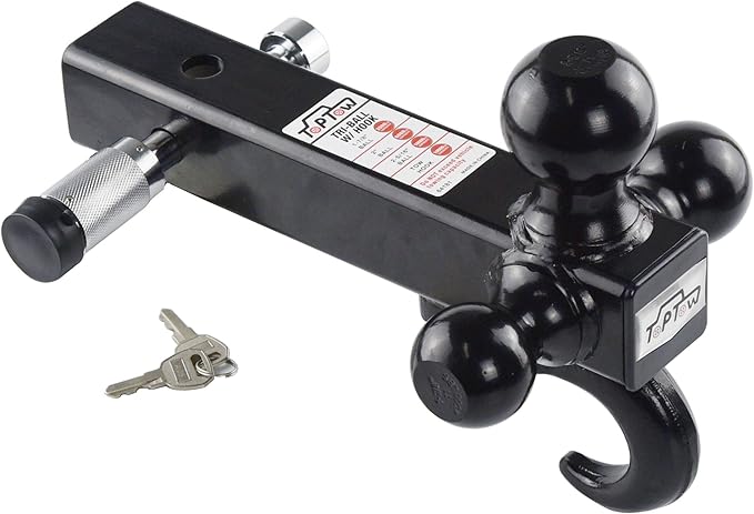 TOPTOW Trailer Hitch Tri-Ball Mount with Hook, Black Balls, with Lock, Fits for 2 inch Receiver