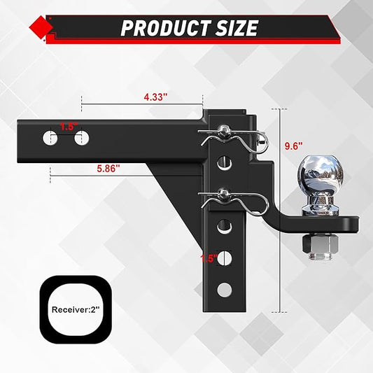 TYT Adjustable Trailer Hitch Ball Mount, 2" Towing Ball 7500 LBS, 9-1/2" Drop and 8-1/4" Rise, Fits 2-in Receiver with 2 Pin&Clips and 5/8" Premium Pin Lock for Heavy Duty Truck