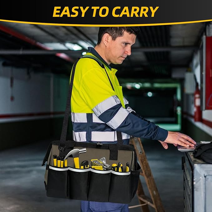 NECKORY Tool Bag, Portable Tool Box Organizer Adjustable Shoulder Strap, Carry Tool Tote Heavy Duty Tool Storage Bag With Wide Mouth,Tool Bags for Men Mechanic EngineerGift - L, Coffee & Black