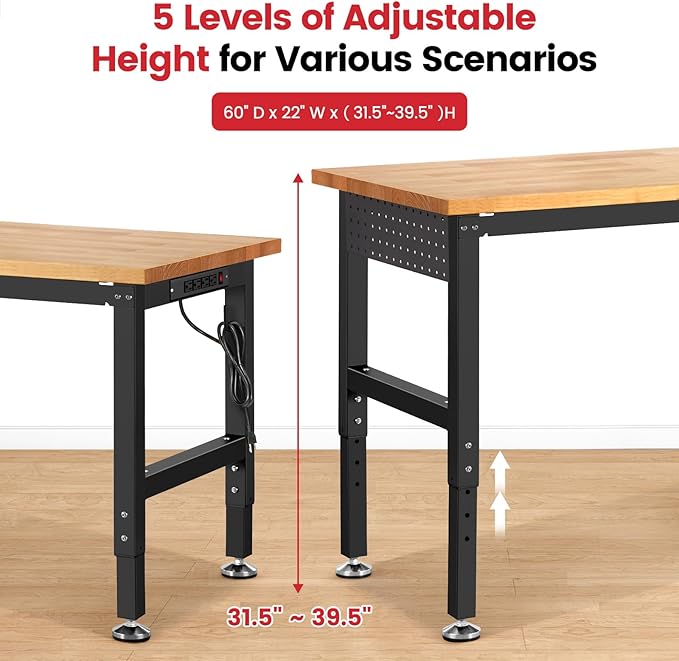 ENJOYWOOD 60" x 22" Garage Workbench Adjustable Height Work Table with Pegboard Heavy Duty Rubberwood Top Work Bench for Workshop, Office & Home
