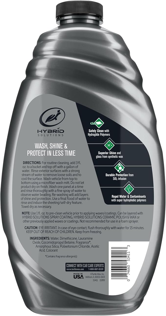 Turtle Wax Hybrid Solutions Ceramic Car Wash and Wax, Gentle pH Neutral Car Cleaner with Extreme Water Beading Paint Protection, High Gloss Spot-Free, Car Wax Shine, Fruity Scent, 48 oz (Pack of 2)