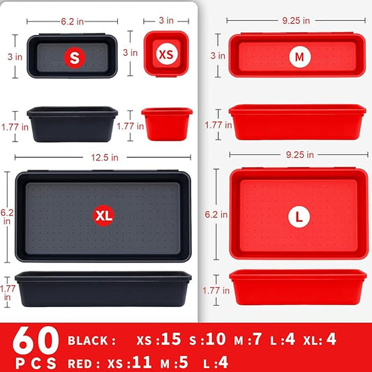 Tool Box Organizer Tray, Toolbox Desk Drawer Organizer, Tool Box Tray, Toolbox Organization Storage for Rolling Tool Chest (60PCS (Black+Red))