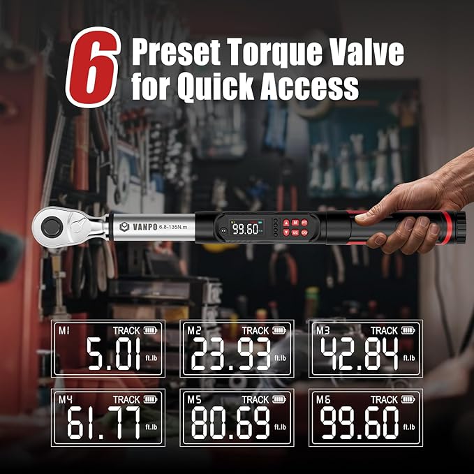 VANPO 3/8-Inch Digital Torque Wrench,5-99.6 Ft-Lb/6.8-135 Nm, ±2% Accuracy, Electronic Torque Wrench with LCD Display, Audible & Vibration Alert, Easy Battery Access,for Car & Motorcycle Maintenance