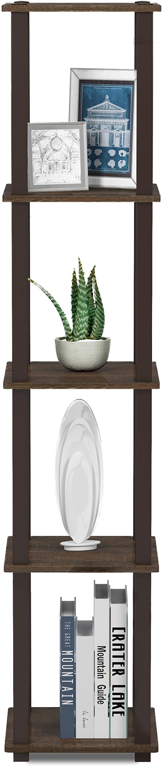 FURINNO Turn-S-Tube 5-Tier Corner Square Rack Display Shelf, Walnut/Brown