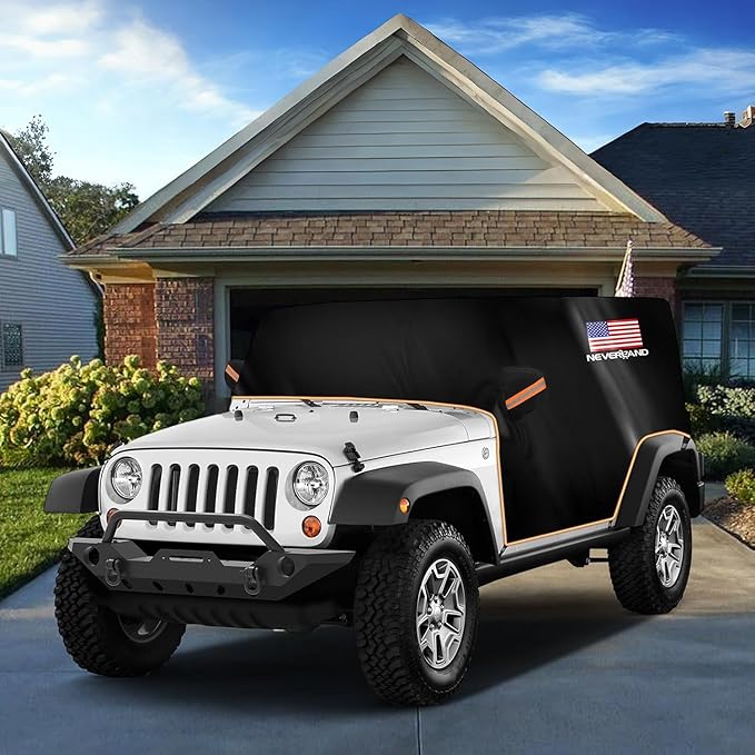 NEVERLAND Wrangler Cab Cover Waterproof - 2007-2025 Jeep Wrangler JK JL 2 Door, Half Car Cover Outdoor Oxford with Reflective Strip, Sun Snowproof Cab Car Cover Black