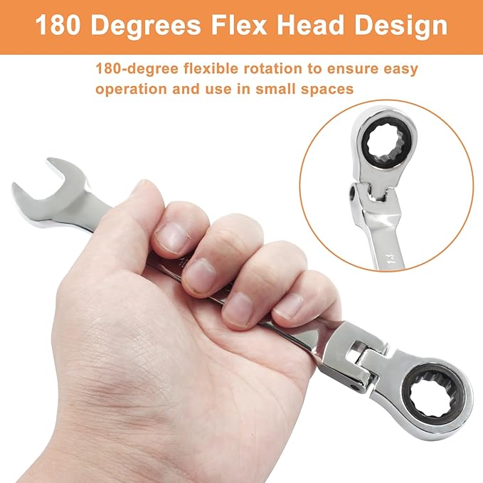 Piutouyar 14mm Flex-Head Ratcheting Wrench, Professional Metric Ratchet Wrench Combination Wrench Box Ended Spanner Tool for Projects Repair(5° Movement and 72 Teeth 12 Point, CR-V)