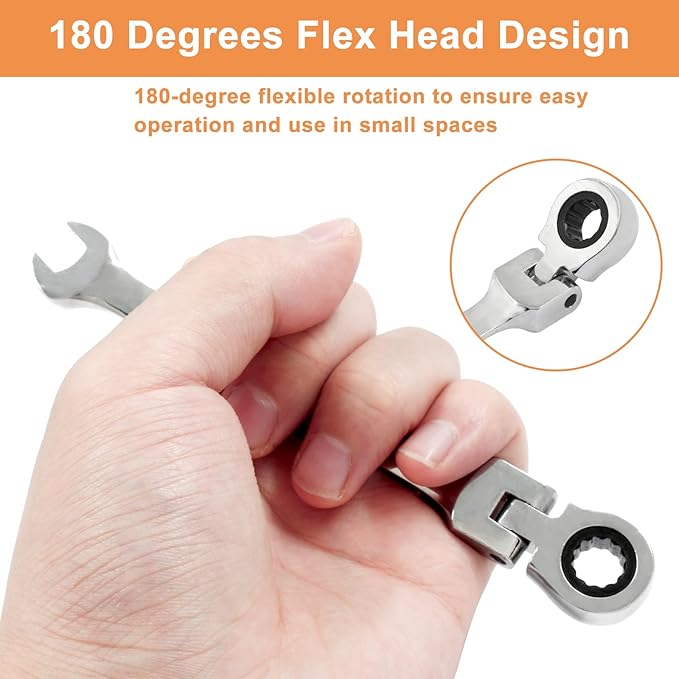 Piutouyar 8mm Flex-Head Ratcheting Wrench, Professional Metric Ratchet Wrench Combination Wrench Box Ended Spanner Tool for Projects Repair(5° Movement and 72 Teeth 12 Point, CR-V)