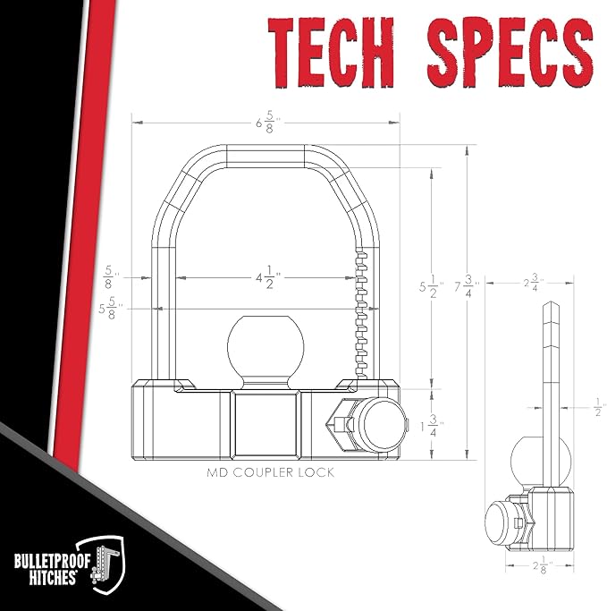 BulletProof Hitches - Medium Duty Trailer Coupler Lock - Universal Trailer Lock with 1/2" Solid Steel Bar - Fits 1-7/8", 2" and 2-5/16" Couplers - Heat-Treated & Pick-Resistant