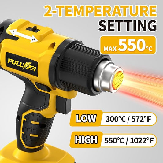 FULLYEA Heat Gun Cordless, 550℃ Fast Heating Gun, 2-Temperature Setting, Portable Hot Air Guns with 2 * 4.0Ah Batteries & 5 Nozzles, Handheld Small Heat Gun Kit for Shrink Tubing, Crafting (Yellow)