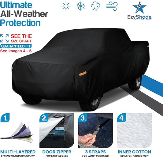 EzyShade 10-Layer Truck Cover Waterproof All Weather. See Vehicle Size-Chart for Accurate Fit. Outdoor Pickup Truck Covers Chevy Silverado F250 F350 RAM Sun Snow Rain. Black, Size T6 (See SizeChart)
