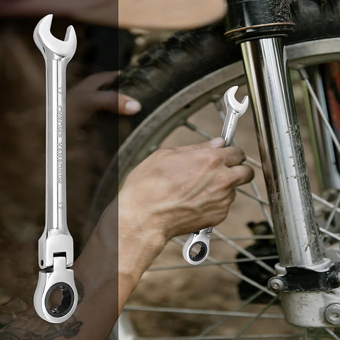 17mm Flex Head Ratchet Wrench, 12 Point Chrome Vanadium Steel Combination Spanner with 72 Tooth Ratcheting Gear, Metric Industrial Grade Tool for Automotive and Mechanical Maintenance