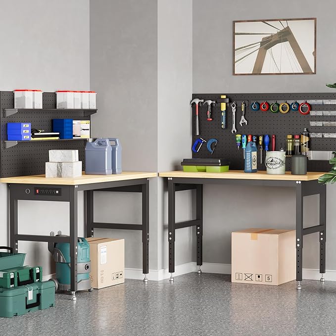48" Heavy Duty Adjustable Workbench with Pegboard,2000 LBS Capacity, Manual Height 28-40" Garage Work Table for Workshop, Home, Office