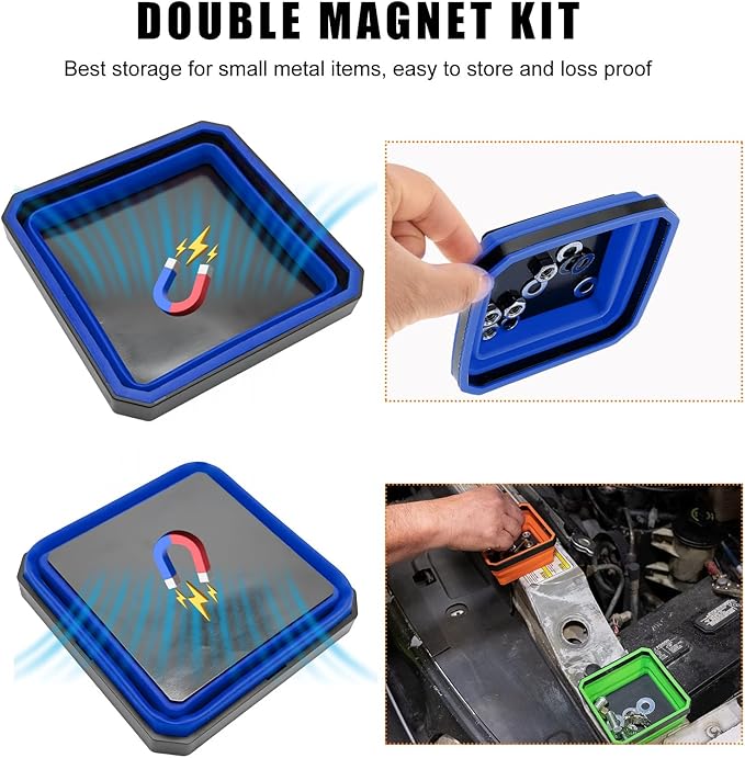 2 PCS Collapsible Magnetic Parts Tray, 4.5 Inch Foldable Magnetic Square Silicone Tray, Tool Tray Set with Double-Sided Magnetic Base for Screw Bolts Nuts Pins, Car Accessories (Red+Blue)