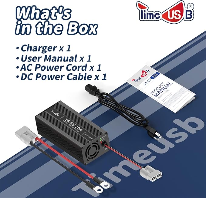 Timeusb 12V 20A LiFePO4 Battery Charger, 14.6V AC-DC Lithium Battery Smart Fast Charger with Anderson Connector LED Indicator for Lithium LiFePO4 Deep Cycle Batteries in Boats, RVs (12V 20A)
