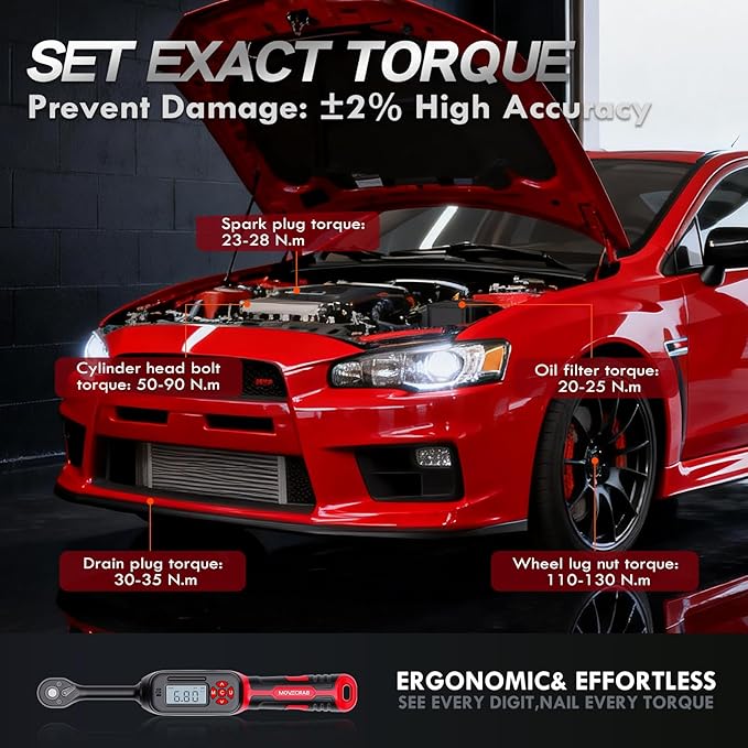 3/8 Torque Wrench Digital (5-99.6 Ft.Lb/6.8-135 N.m) ±2% Accuracy Digital Spark Plug Socket & Tire Inch Pound Torque Wrench with Buzzer and LED Flash Notification Track Mode for Moto Auto