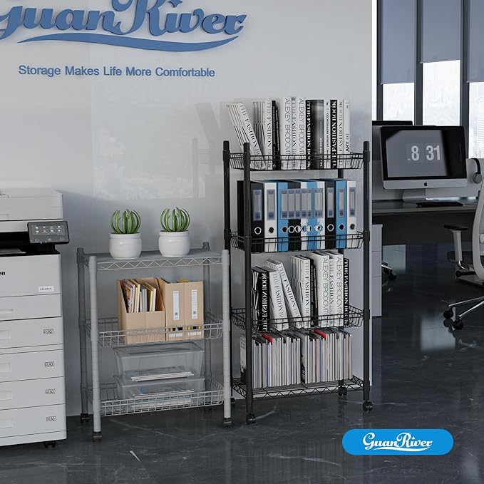 Guan River 3 Tier Wire Shelving Wire Basket Shelf Storage Cart Adjustable Metal Shelf 2 Bottoms for Choose(Castor or Leveling Feet) for Office,Kitchen,Bedroom,Silver(23.23" L x 13.11" W x 32.28" H)