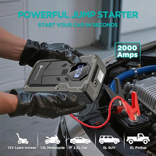 Jump Starter with Air Compressor, 2000A Peak Car Battery Booster(8L Gas/6L Diesel), 150PSI Tire Inflator Portable 12V Jump Box Car Battery Jumper Starter with Jumper Cable, LED Lights, LCD Display