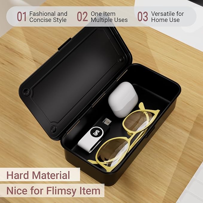 Small Metal Tool Box with Latch, Mini Steel Toolbox Storage Box, Portable Tin Box with Lid for Tools, Car, Workshop & Crafts 7.9" (Black)
