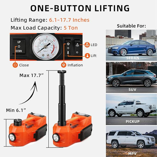 Electric Car Jack, 5 Ton Hydraulic Floor Jack with Electric Impact Wrench, Tire Inflator & LED Light, Lift Range 6.1-17.7 Inch, Emergency Roadside Tire Changing Kit for SUV Sedan Truck