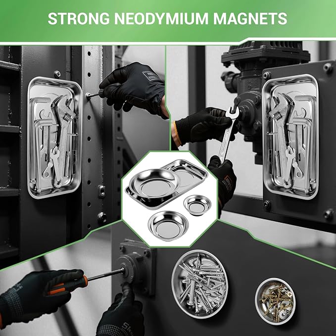 Magnetic Tray 4-Piece, Large Magnetic Parts Tray and Round Magnetic Parts Tray Set, Stainless Steel Heavy Duty 9.5" W x 5.5''L Square and 6" 4" 3"Round Tools Tray