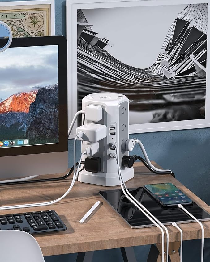 Surge Protector Power Strip Tower with USB Ports, Fararaka 10 FT Extension Cord with 16 Multiple Outlets and 5 USB Ports, Flat Plug Charging Station for Home, Office, Dorm Room