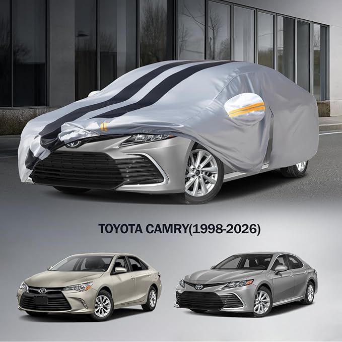 Multi-Layer Car Cover Custom Fit for Toyota Camry(1998-2026), 100% Waterproof All Weather for Automobiles, Gift with Towel, Heavy Duty Car Covers for Rain Sun UV Protection with Door Zipper
