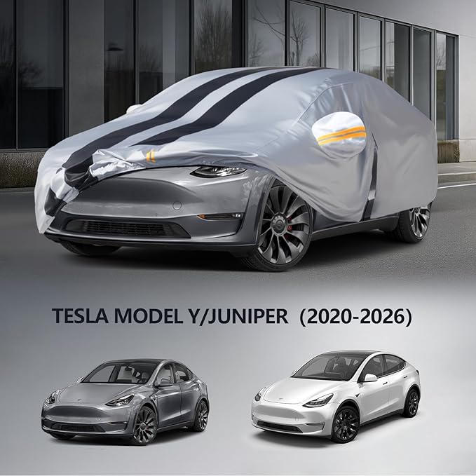 Multi-Layer Car Cover Custom Fit for Tesla Model Y(2020-2026), 100% Waterproof All Weather for Automobiles, Gift with Towel, Heavy Duty Car Covers for Rain Sun UV Protection with Door Zipper
