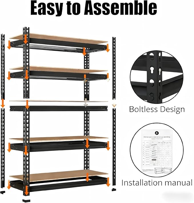 PeakPursuit Storage Shelving Unit, 5-Tier Adjustable Metal Storage Shelves, 48" L x 18" W x 72" H Heavy Duty Garage Storage Shelves for Kitchen Pantry Basement Bathroom Laundry
