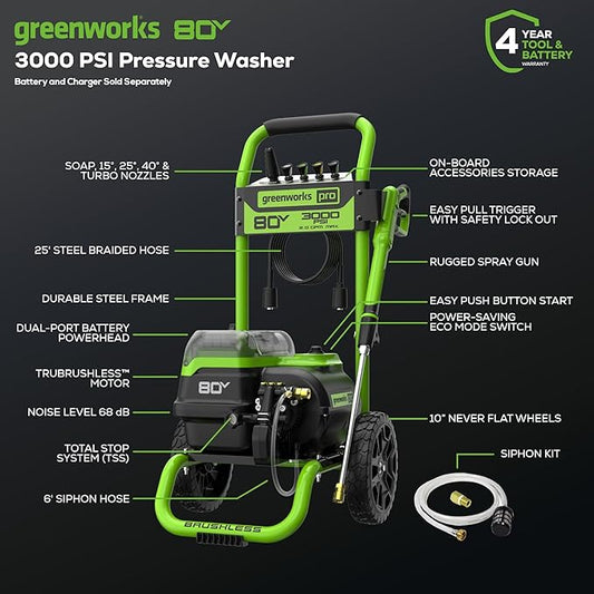 Greenworks 80V 3000 PSI Dual-Port Pressure Washer (2.0 GPM), Tool-Only, Powerful Enough to Remove Pesky Dirt and Grime on Siding, Fences, Patios, Driveways, and Sidewalks