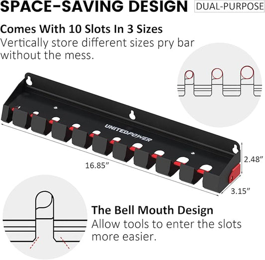 UNITEDPOWER Pry Bar Holder, Lockable Wall Mount Storage Rack Organizer for Workshop, Shed, Garage, Home, Stores up to 10 13 Tools or Extensions
