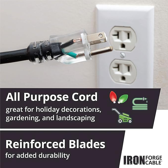 Iron Forge Cable 12 Gauge Outdoor Extension Cord 10 Ft, SJTOW 12/3 Heavy Duty Extension Cord 3 Prong, Oil Resistant & Flame Retardant - Lighted End