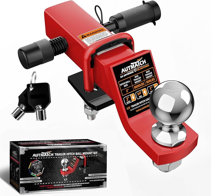 AUTMATCH Trailer Hitch Ball Mount with 2 Inch Hitch Ball - Fits 2" Receiver with Hitch Tightener, 8000Lbs Capacity Ball Hitch, 4-Inch Drop with 5/8" Hitch Lock Pin, Red