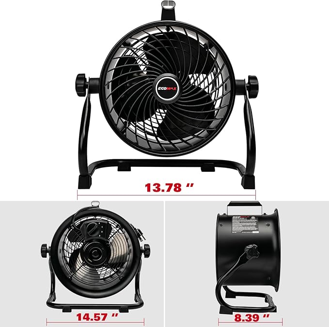 ECOMAX 10-Inch Drum Fan, 900CFM 3-Speed Industrial Floor Fan with 360° Tilt Head, 85W 120V Aluminum Blade Shop Fan for Garage Workshop Basement Patio, UL Certified, 8.6 LBS