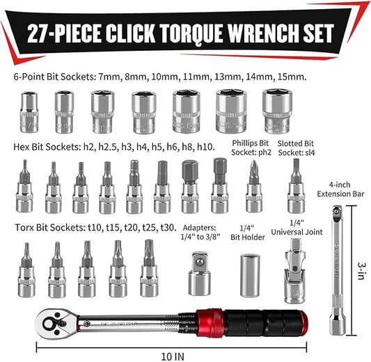 YIYITOOLS 27Pcs 1/4 Inch Drive Click Torque Wrench Set, Bike Maintenance Kit with Bit Sockets, Adapter, Universal Joint & Extension Bar, 2.3-27.1NM (20-240IN.LB) ±3% Precision