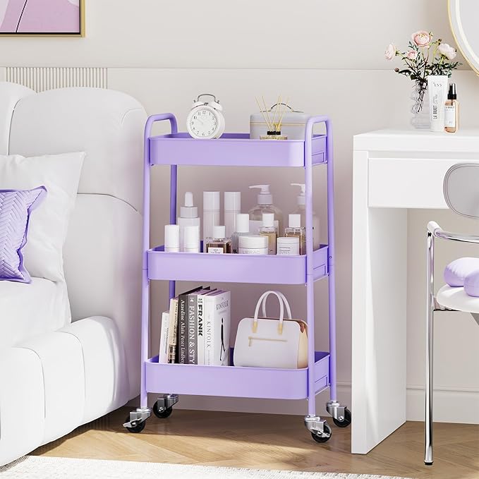 TOOLF 3-Tier Rolling Cart - Metal Utility Storage Organizer with Lockable Wheels, 33 lbs Per Shelf, Tool-Free 5-Min Assembly, for Kitchen Bathroom Office Nursery Craft Room, Purple