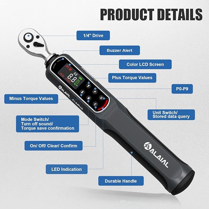 1/4 Drive Digital Torque Wrench, 0.1-8.8 Ft.Lb/0.2-12 Nm Drive Dual Direction Rachet Torque Wrench with Vibration, Buzzer and LED Alert, Electronic Torque Wrench for Bike Motorcycle Car Repair