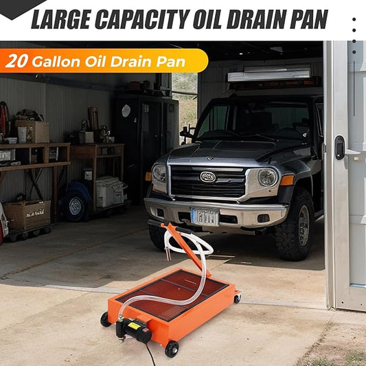 20 Gallon Oil Drain Pan with 110V Electric Pump, Low Profile Oil Drain Pan for Oil Change, Oil Change Pan with 8.2 Ft Hose and Folding Handle, Rolling Oil Drain Cart for Car, SUV, Trucks