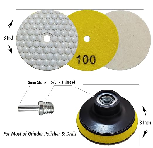 3 Inch Dry Diamond Polishing Pads, 11PCS Wet/Dry Granite Buffing Pad Kit for Marble Concrete Quartz Stone Tiles - High Temperature Resistance Sand Pad for Drill Grinder Polisher
