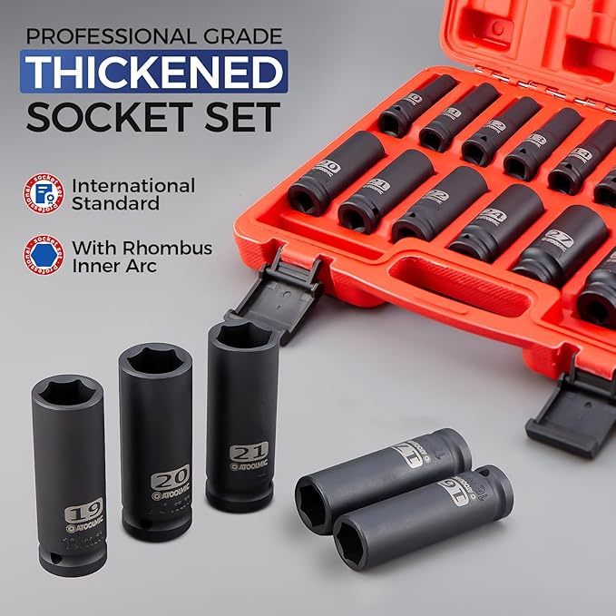 1/2 Inch Drive Impact 16 PCS Hex Socket Set,Metric Deep (10-32mm) Sockets,6 Point Radius Corner Design,CR-MO Alloy Steel,Square Chamfered Opening,Axle Nut Socket For Auto Repair