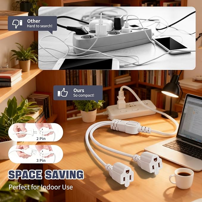 3 Prong Outlet Splitter Extension Cord,1-to-2 Indoor Outdoor Extension Cord,20 inch Y-Type Power Splitter,SJT 16AWG,UL Approved for Home Office Appliance,LED Stage Lights and Electronics(White)