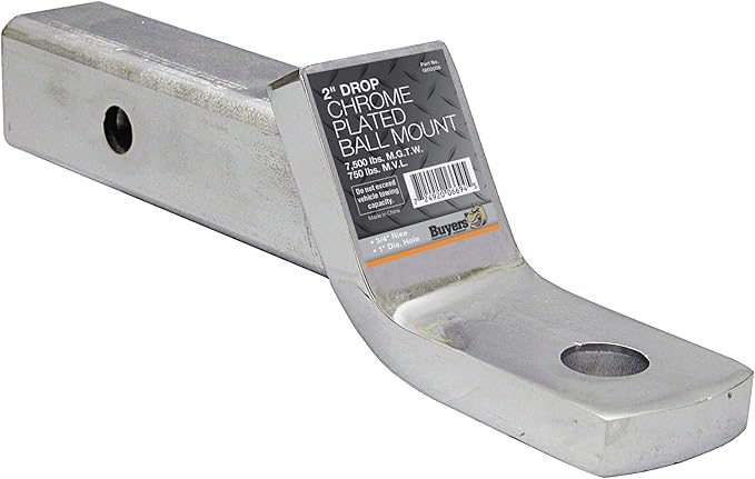 Buyers Products 1803006 Trailer Hitch Ball Mount, Fits 2-Inch Receiver, 2-Inch Drop, 3/4-Inch Rise, 8-Inch Long, 7,500 MGTW, 750 MVL, Accepts 1-Inch Diameter Shank Towing Balls, Chrome-Plated Finish