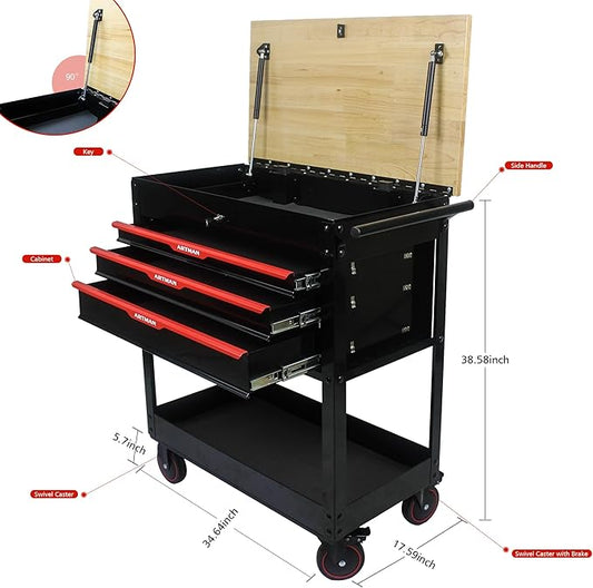 Tool Chest with Casters Large Capacity Utility Industrial Service Cart Rolling Tool Cart for Mechanics Warehouse Garage Black