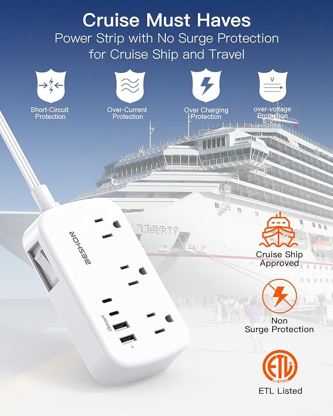 15FT Flat Plug Power Strip with USB C, BESHON Flat Extension Cord, 6 Outlets 4 USB Port(2 USB C), No Surge Protector, Cruise Ship, Dorm Room Travel Essentials
