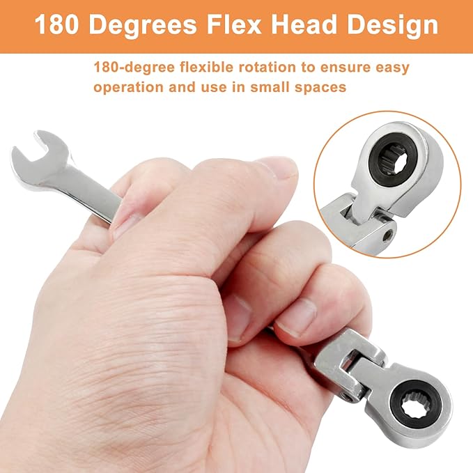 Piutouyar 6mm Flex-Head Ratcheting Wrench, Professional Metric Ratchet Wrench Combination Wrench Box Ended Spanner Tool for Projects Repair(5° Movement and 72 Teeth 12 Point, CR-V)